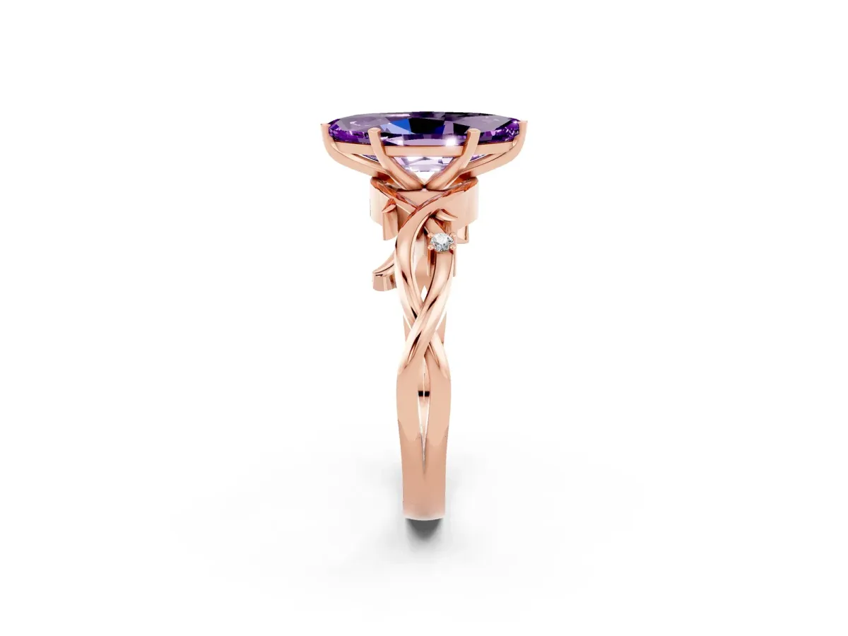 Marquise Cut Amethyst Solitaire Ring with Twisted Band and Prong Setting Rose gold