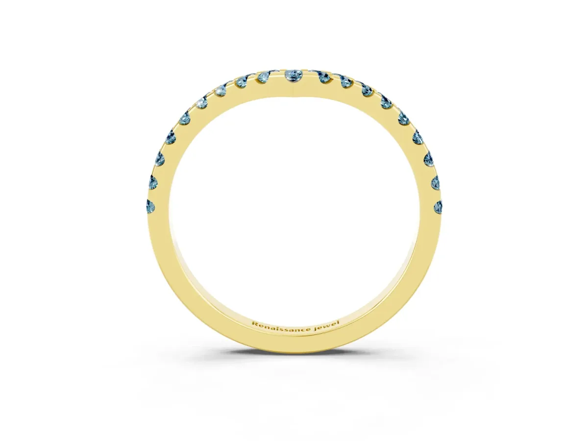 Pavé Round Aquamarine Chevron Band with Shared Prong Setting Yellow gold