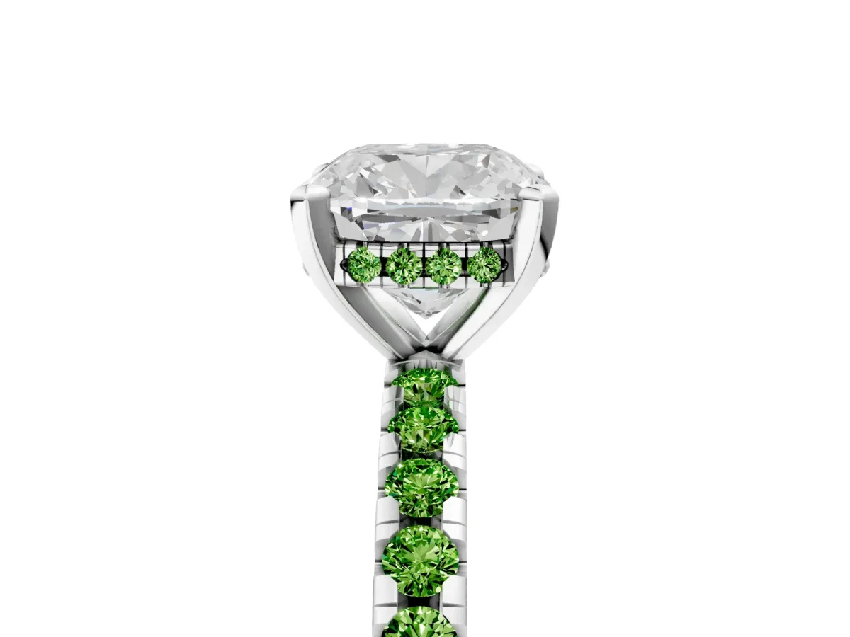 Cushion Cut Diamond Solitaire Ring with Round Peridot Pavé Band and Four-Prong Setting Silver