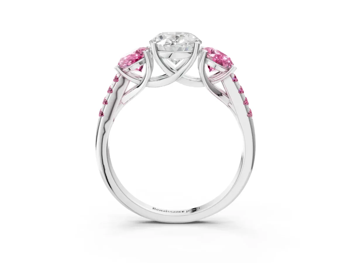 Three-Stone Oval Cut Diamond Ring with Round Pink Sapphire Pavé Band and Prong Setting Silver