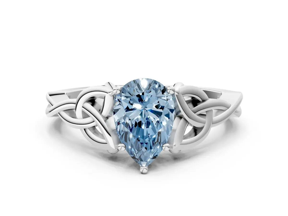 Fancy Blue Pear Cut Diamond Solitaire Celtic Knot Ring with Four-Prong Setting White gold