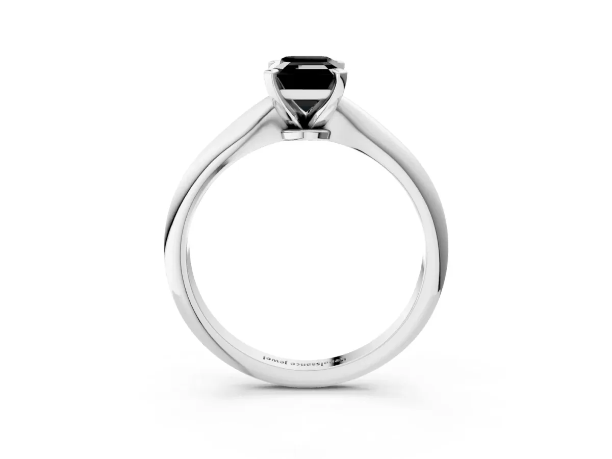 Fancy Black Emerald Cut Diamond Solitaire Engagement Ring with Classic Band and Four-Prong Setting Silver