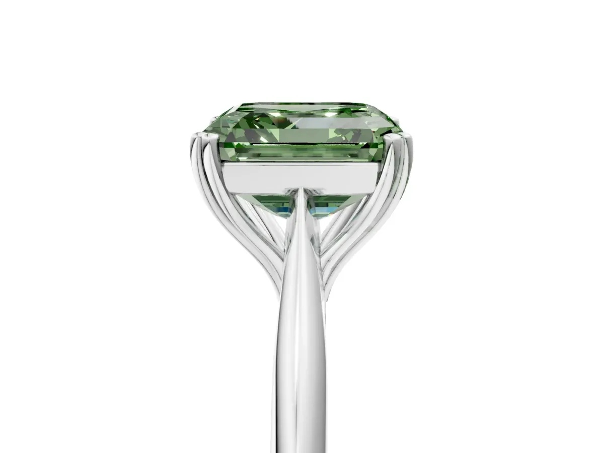 Fancy Green Asscher Cut Solitaire Diamond Ring with Six-Prong Setting and Classic Band Platinum