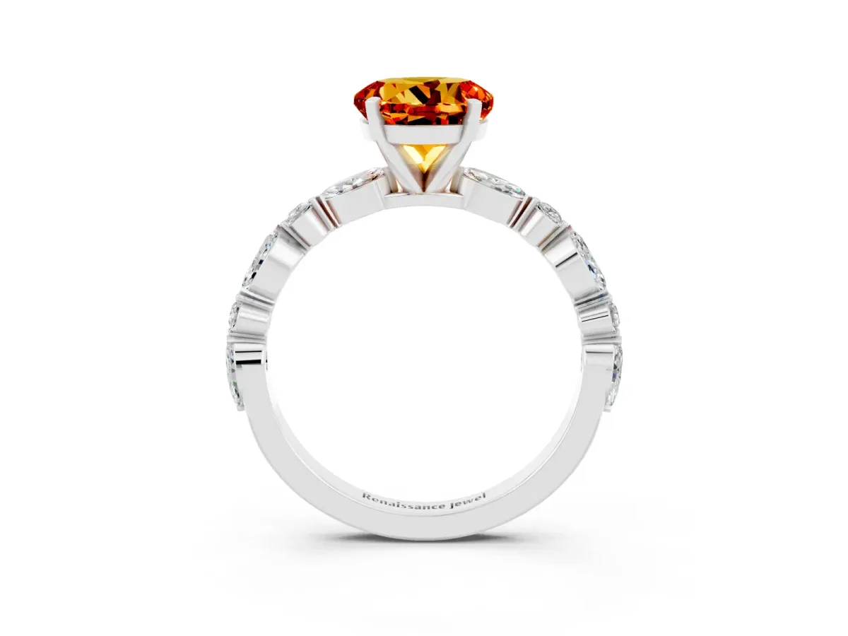 Round Cut Citrine Ring with Marquise and Round Side Stones and Four-Prong Setting Silver
