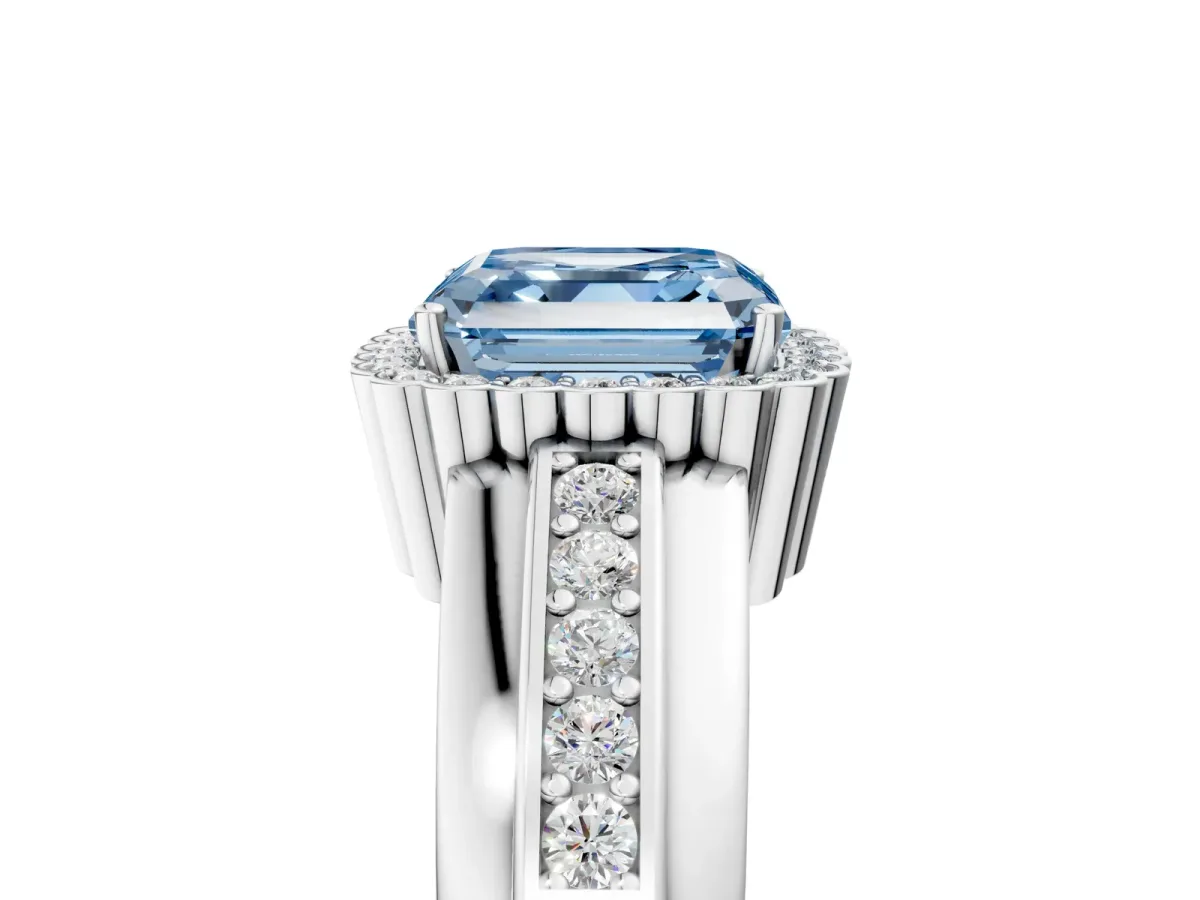 Fancy Blue Asscher Cut Cut Halo Pave Band Four-Prong Ring Platinum