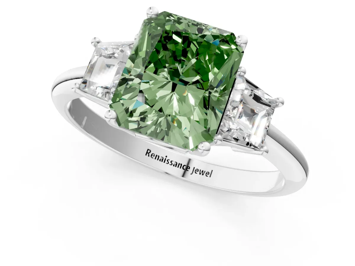 Fancy Green Radiant Cut Diamond Three-Stone Ring with Trapezoid Side Stones and Prong Setting Silver