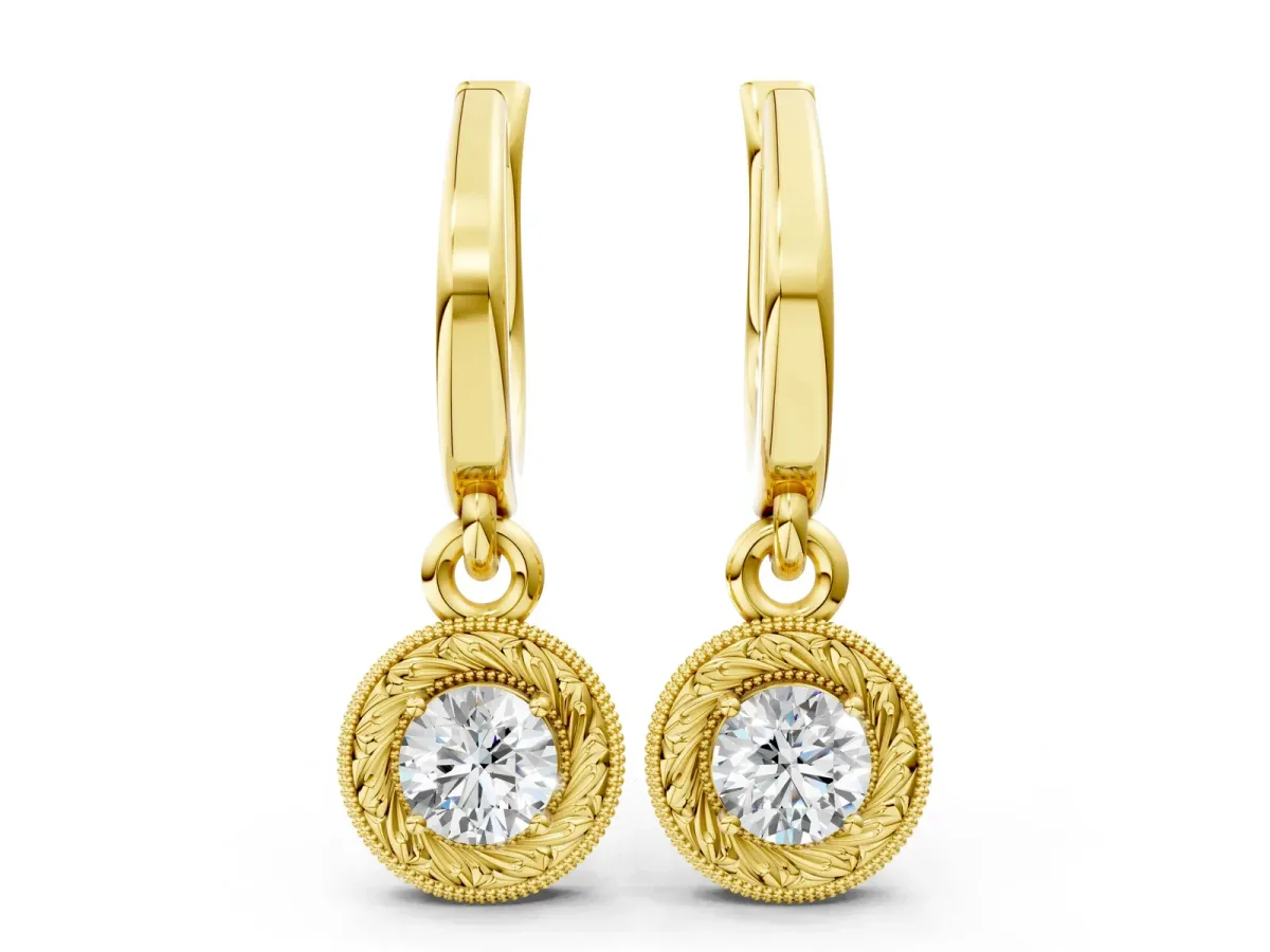 Round Cut Milgrain Bezel Set Leverback Earrings Yellow gold