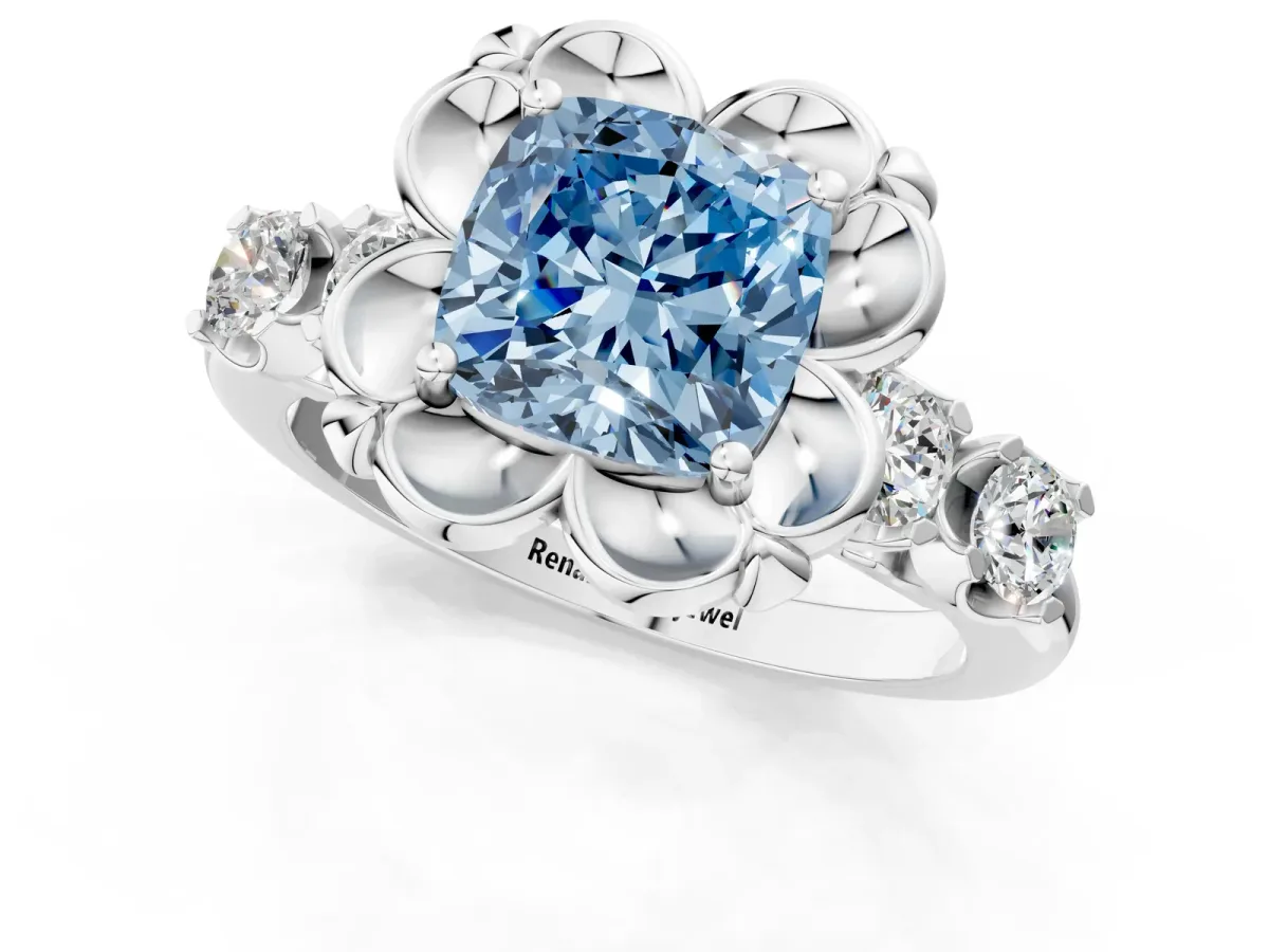 Fancy Blue Cushion Cut Cut Diamond Floral Halo Engagement Ring with Shared Prong Setting Silver