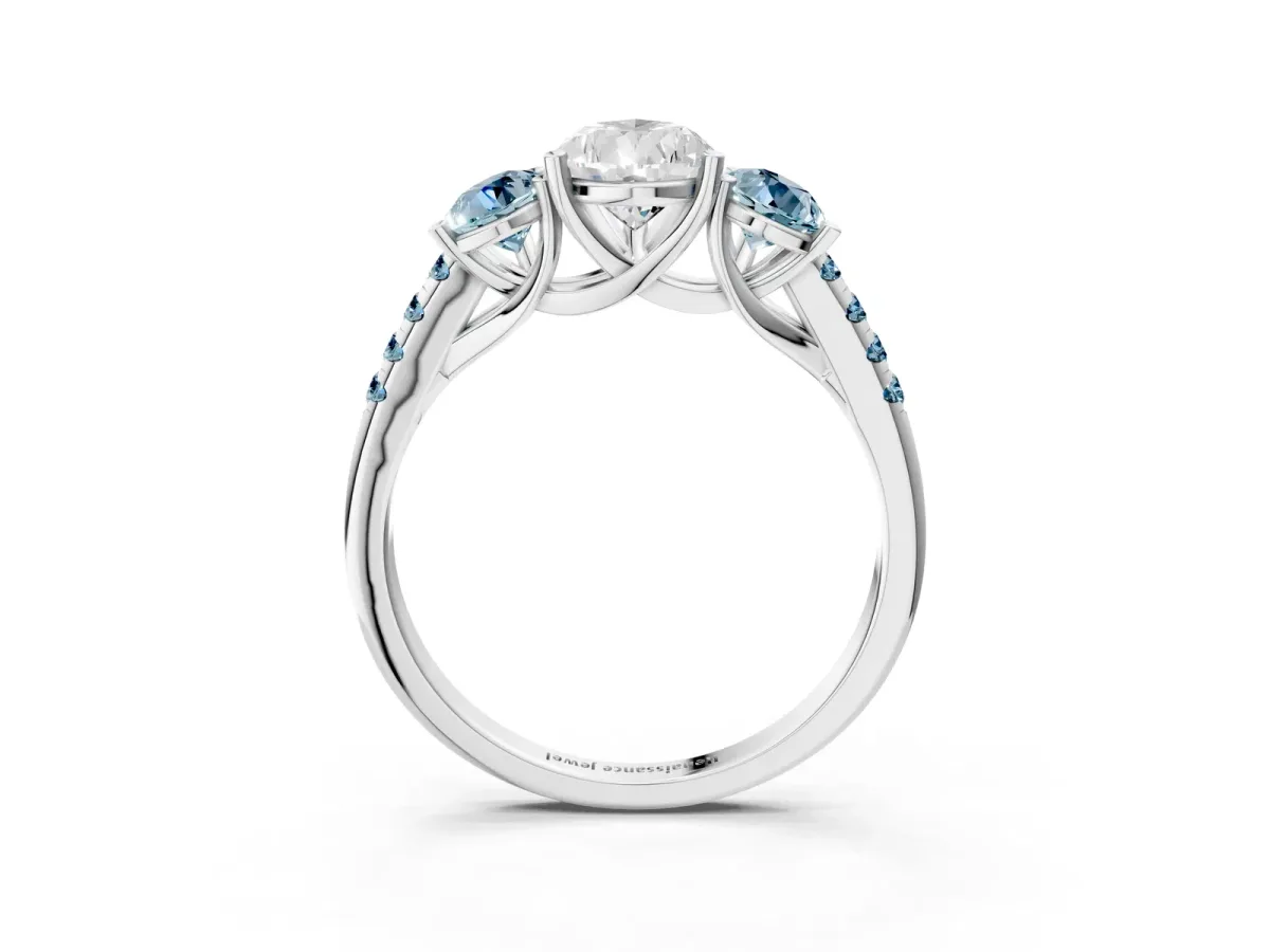 Three-Stone Pear Cut Diamond Ring with Round Aquamarine Pavé Band and Prong Setting Silver