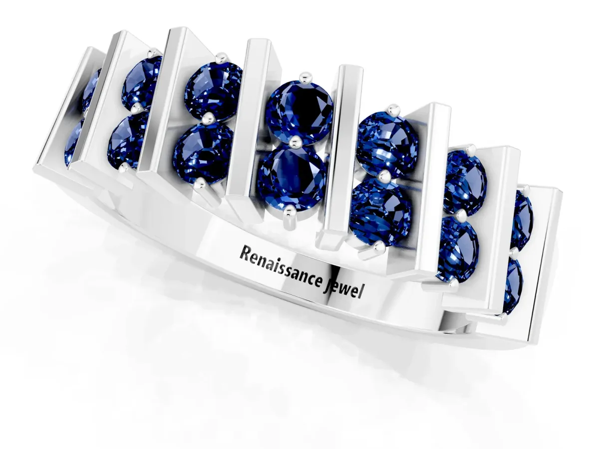 Channel Set Round Blue Sapphire Anniversary Band with Vertical Prongs Silver