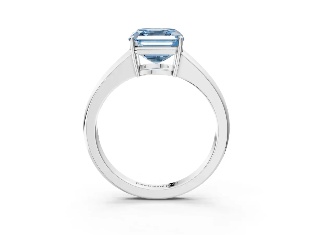 Fancy Blue Asscher Cut Solitaire Diamond Ring with Tapered Band and Four-Prong Setting Platinum
