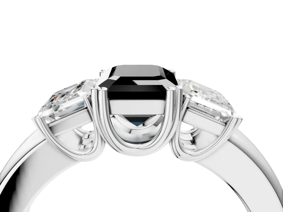 Fancy Black Three-Stone Emerald Cut Cut Diamond Ring with Channel Set Band and Four-Prong Setting Platinum