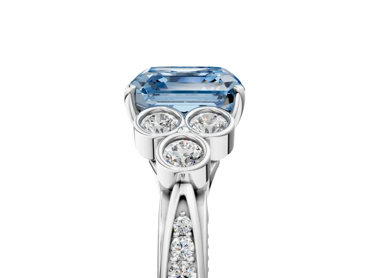 Fancy Blue Asscher Cut Cut Diamond Engagement Ring with Bezel Set Round Side Stones and Prong Setting Platinum