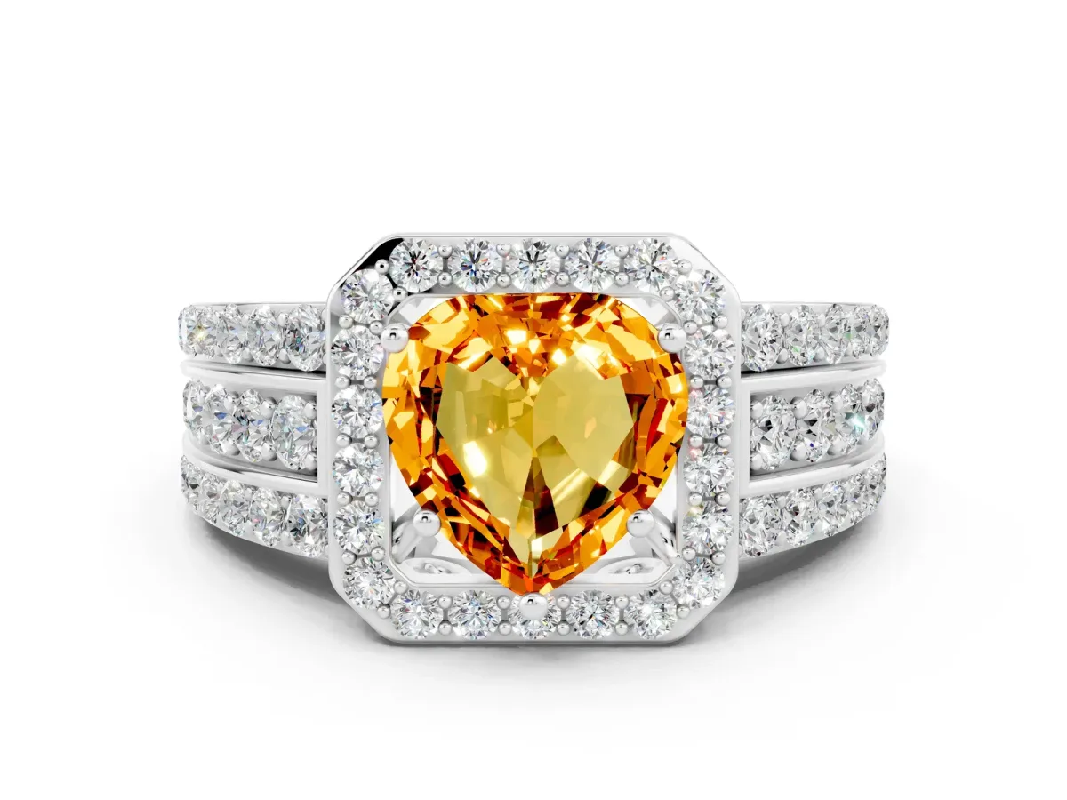 Heart Cut Halo Citrine Ring with Round Split Shank and Prong Setting Silver