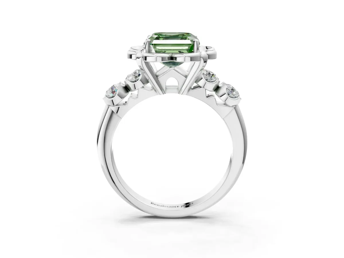 Fancy Green Asscher Cut Cut Diamond Floral Halo Engagement Ring with Shared Prong Setting Silver