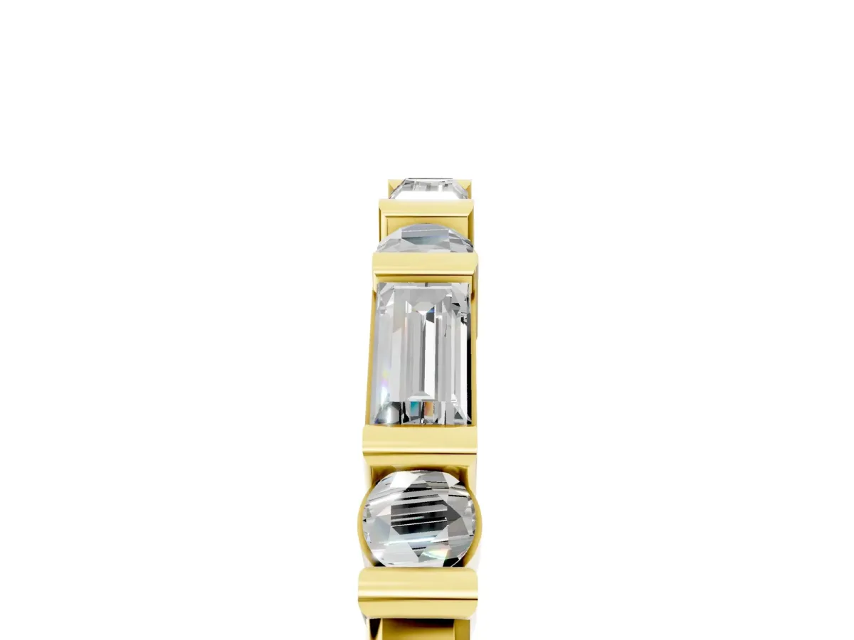 Baguette and Round Diamond Channel Set Half Eternity Band with Bar Prong Setting Yellow gold
