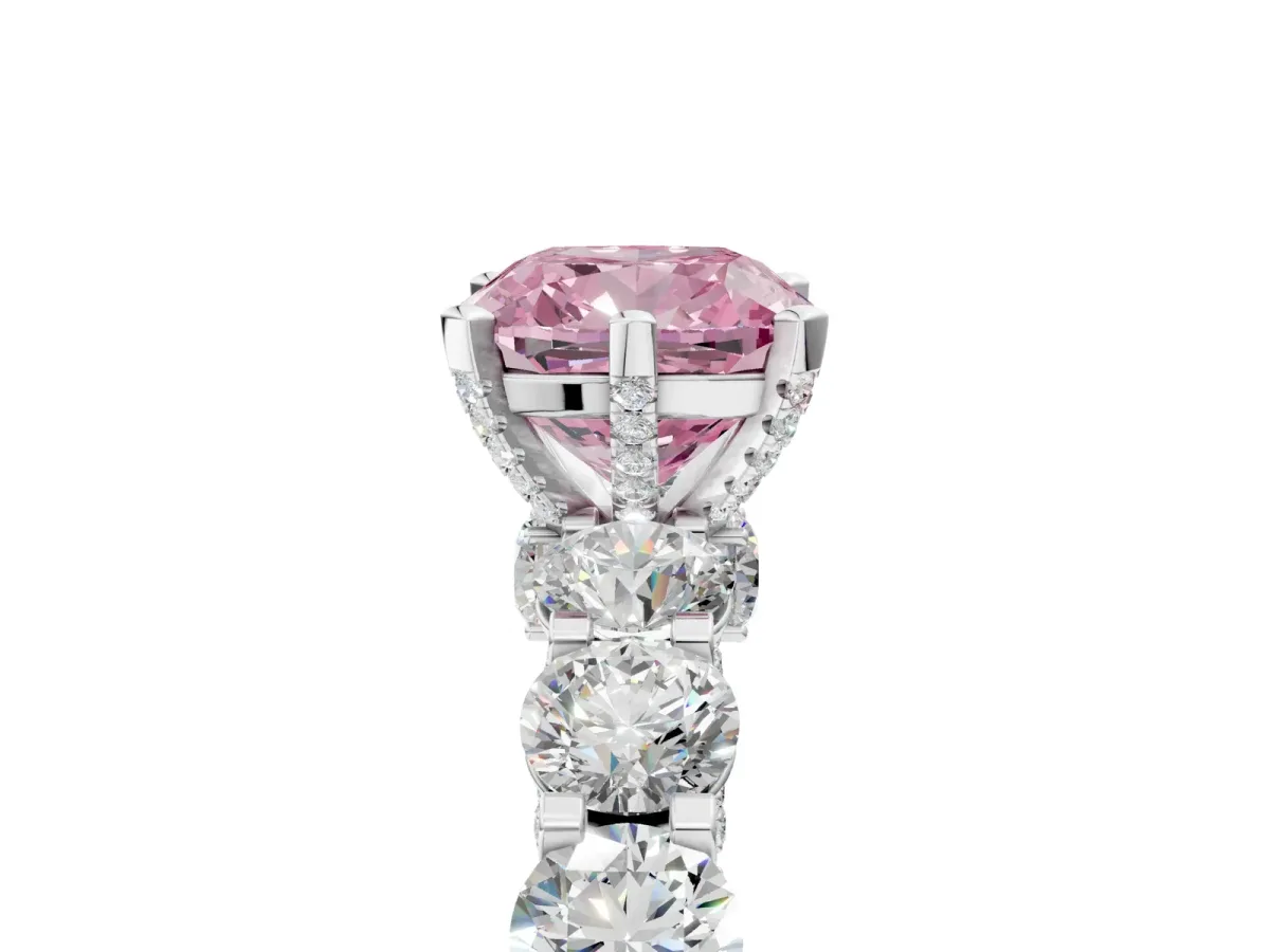 Fancy Pink Cushion Cut Diamond Side Stone Engagement Ring with Four-Prong Setting Silver