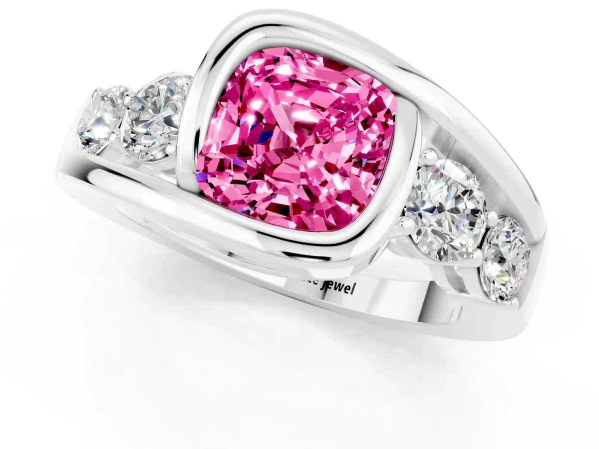 Bezel Set Cushion Cut Pink Sapphire Bypass Ring with Round Accents Silver