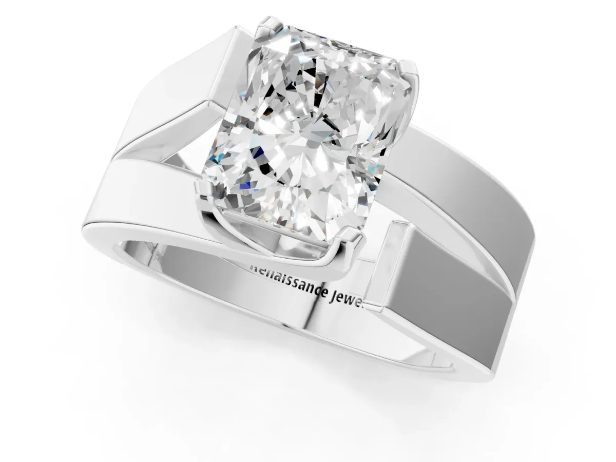 Modern Tension Set Radiant Cut Diamond Solitaire Wide Band Ring Platinum