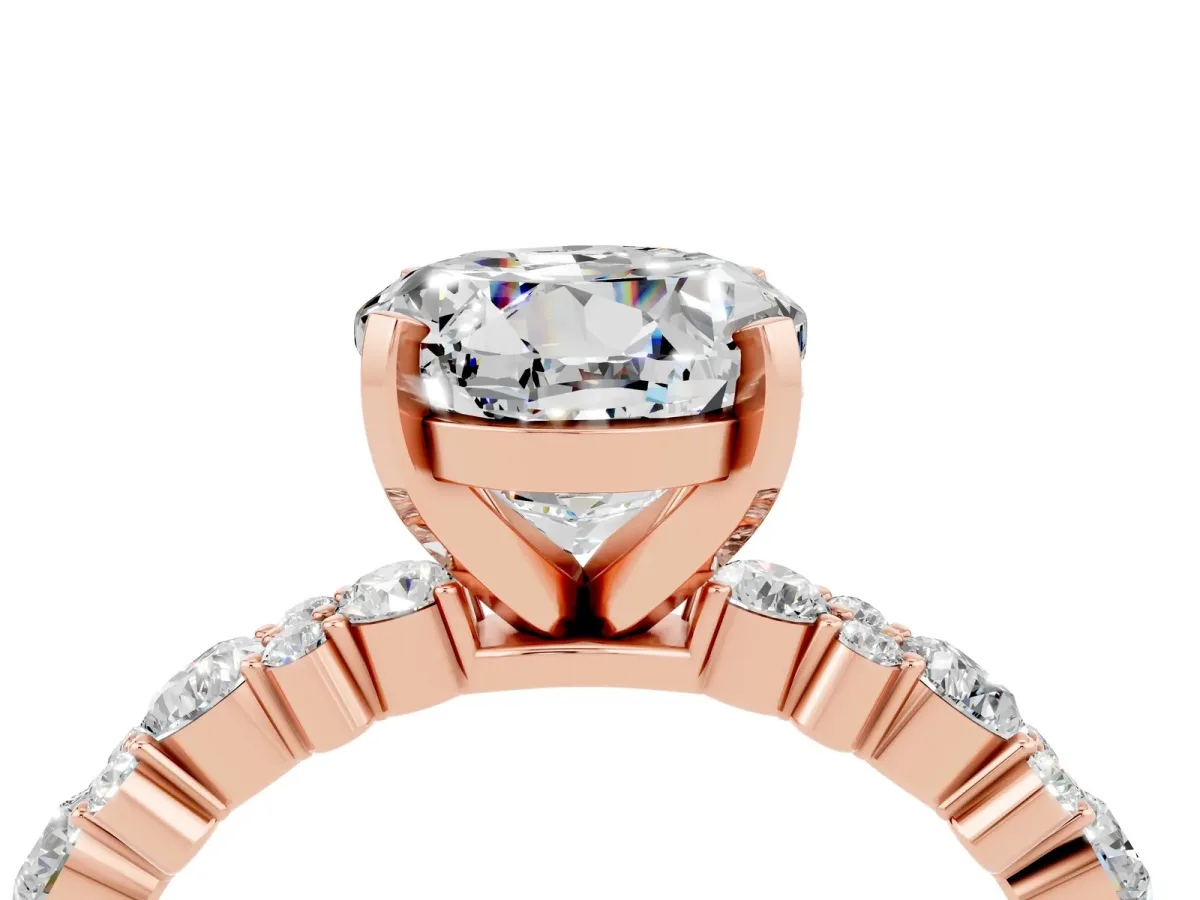 Round Cut Moissanite Side Stone Solitaire Ring with Round and Four-Prong Setting Rose gold