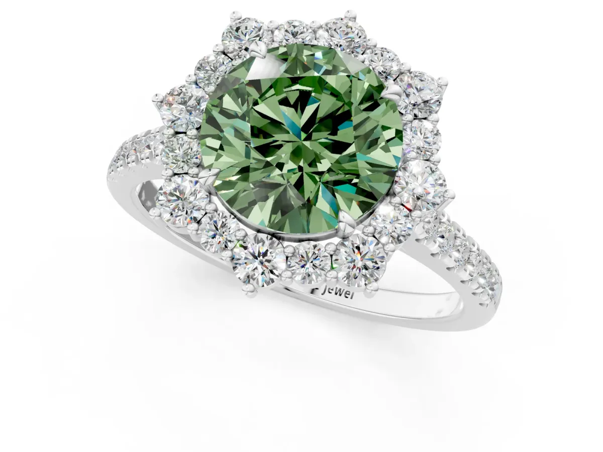 Fancy Green Round Cut Halo Diamond Ring with Pavé Band and Prong Setting Silver