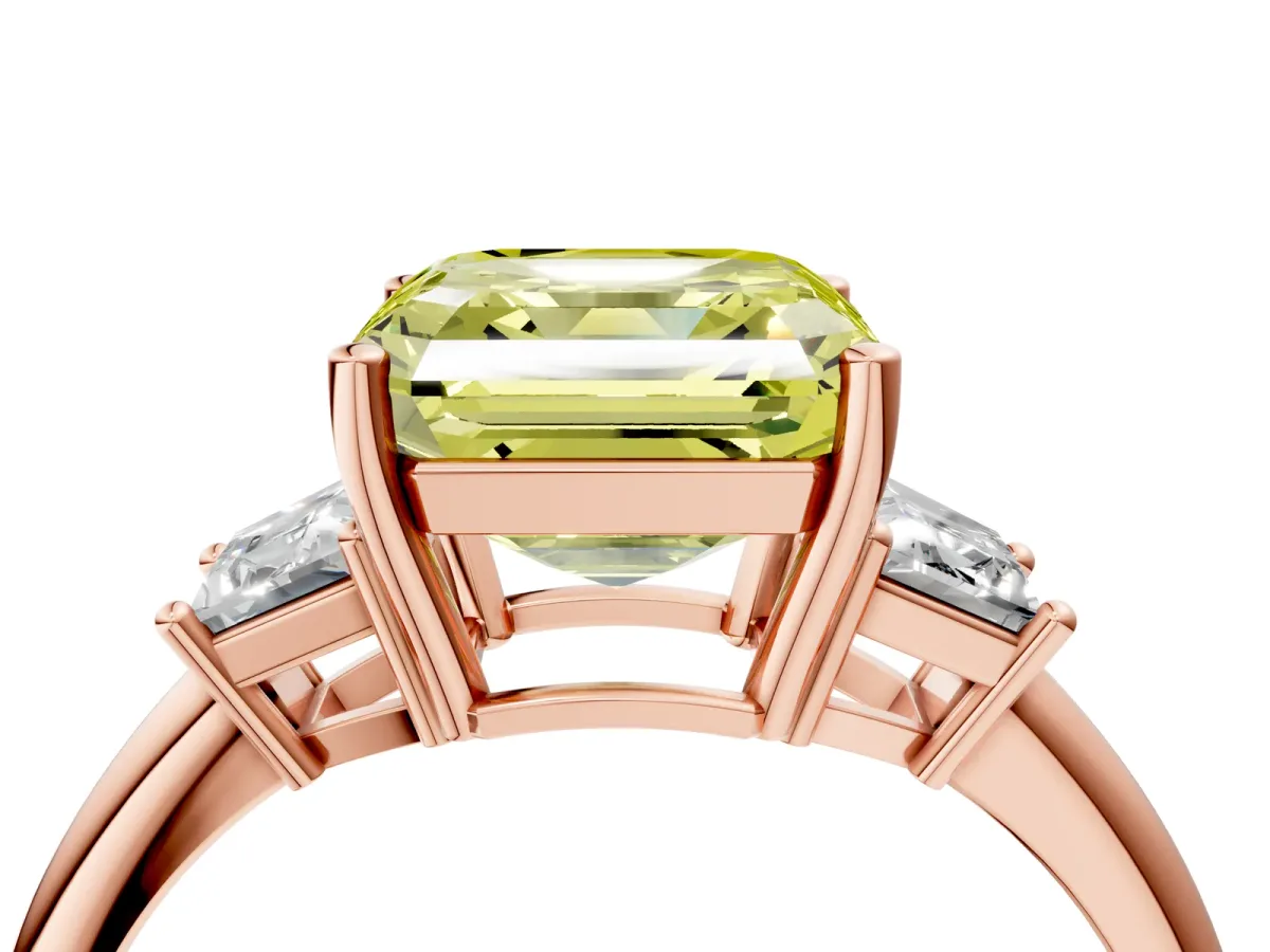 Fancy Yellow Asscher Cut Diamond Three-Stone Ring with Trapezoid Side Stones and Prong Setting Rose gold