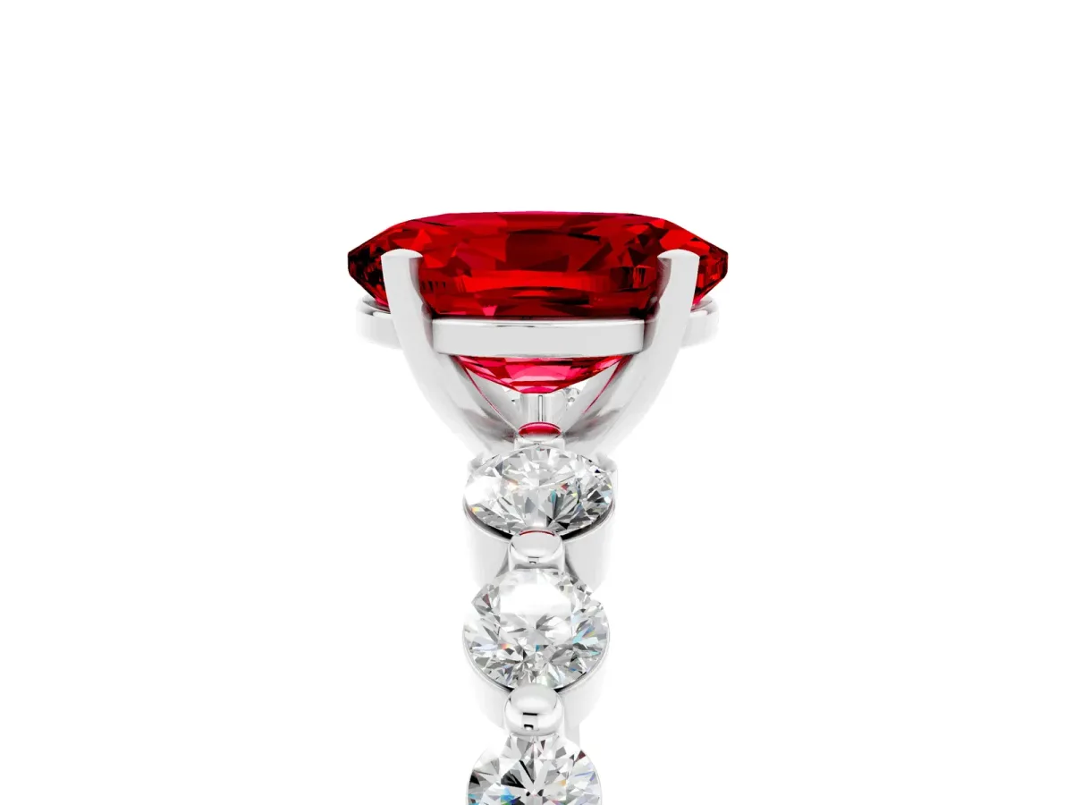 Oval Cut Solitaire Ruby Ring with Pave Band and Four-Prong Setting Platinum