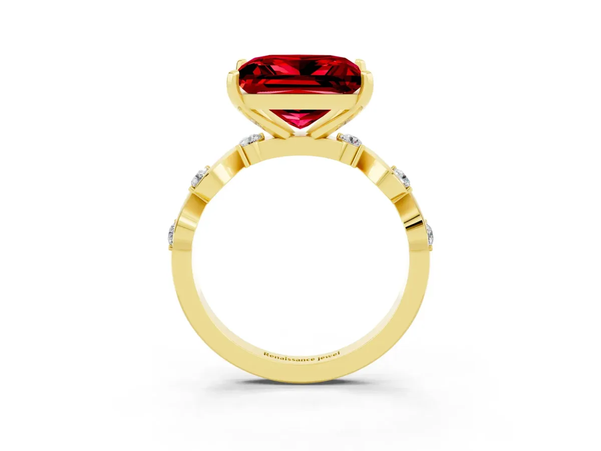 Princess Cut Ruby Solitaire Twisted Band with Round Accents and Prong Setting Yellow gold