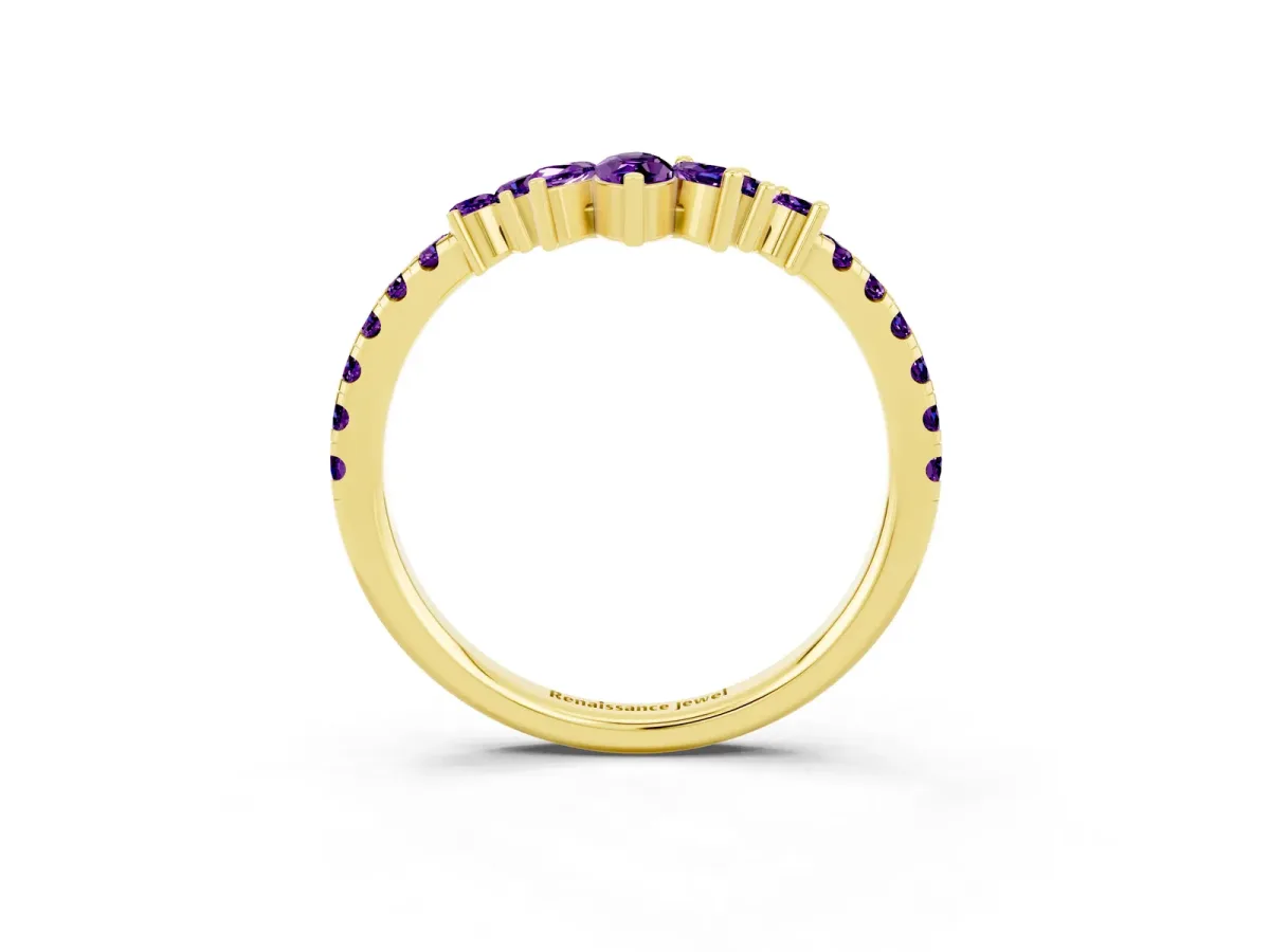 Chevron Marquise and Round Amethyst Open Band with Prong Setting Yellow gold
