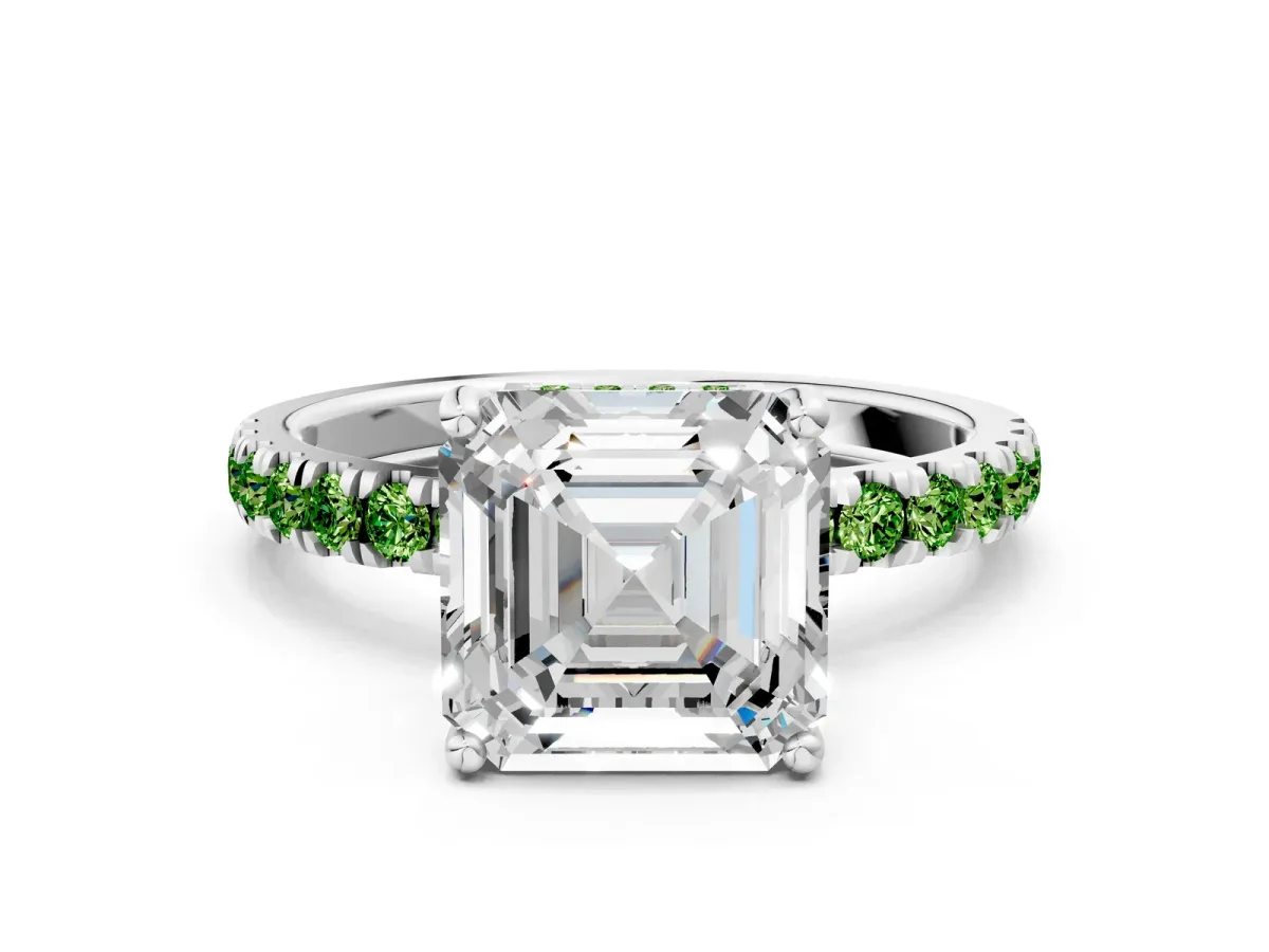 Asscher Cut Diamond Pave Band Solitaire Ring with Round Peridot and Prong Setting Silver