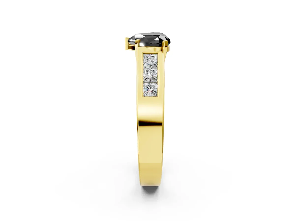 Fancy Black Heart Cut Cut Channel Set Solitaire Ring with Four-Prong Setting Yellow gold
