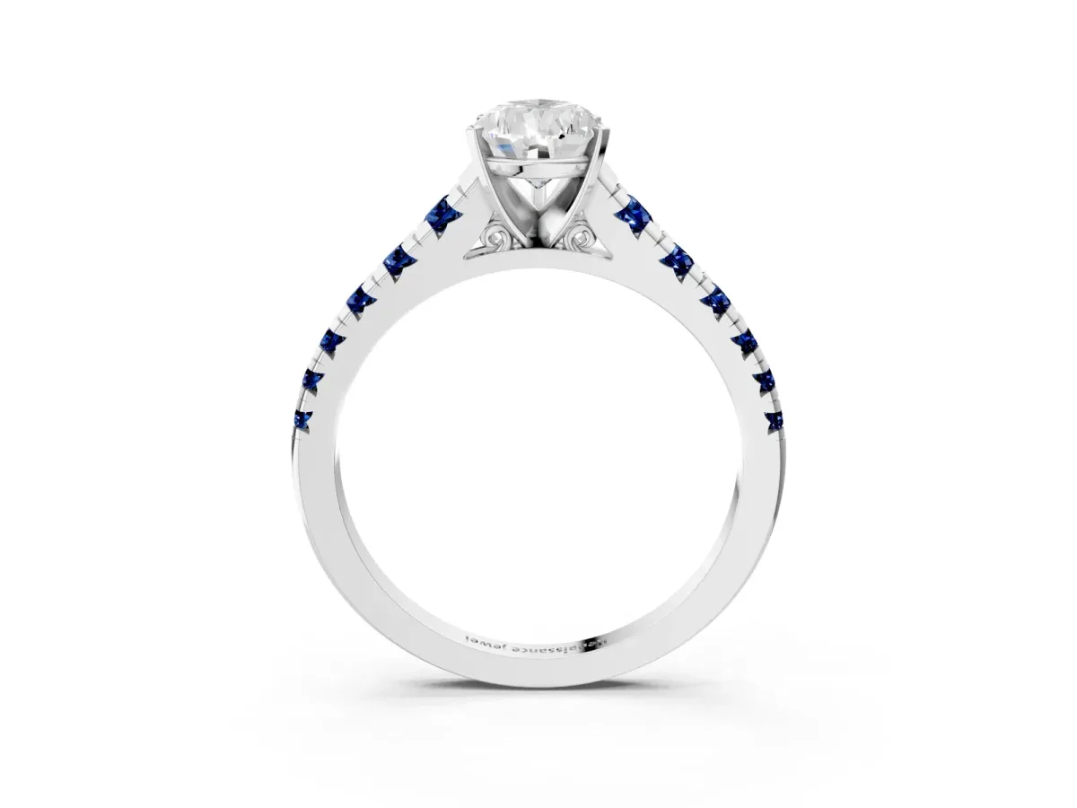Pear Cut Diamond Cathedral Solitaire Ring with Round Blue Sapphire Pavé Band Platinum