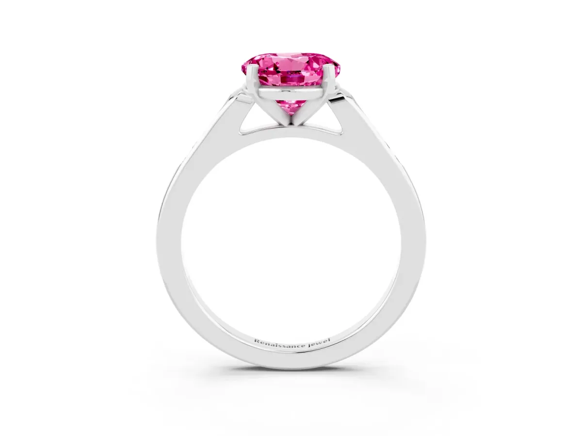 Round Cut Pink Sapphire Solitaire Ring with Channel Set Round Band and Prong Setting Silver