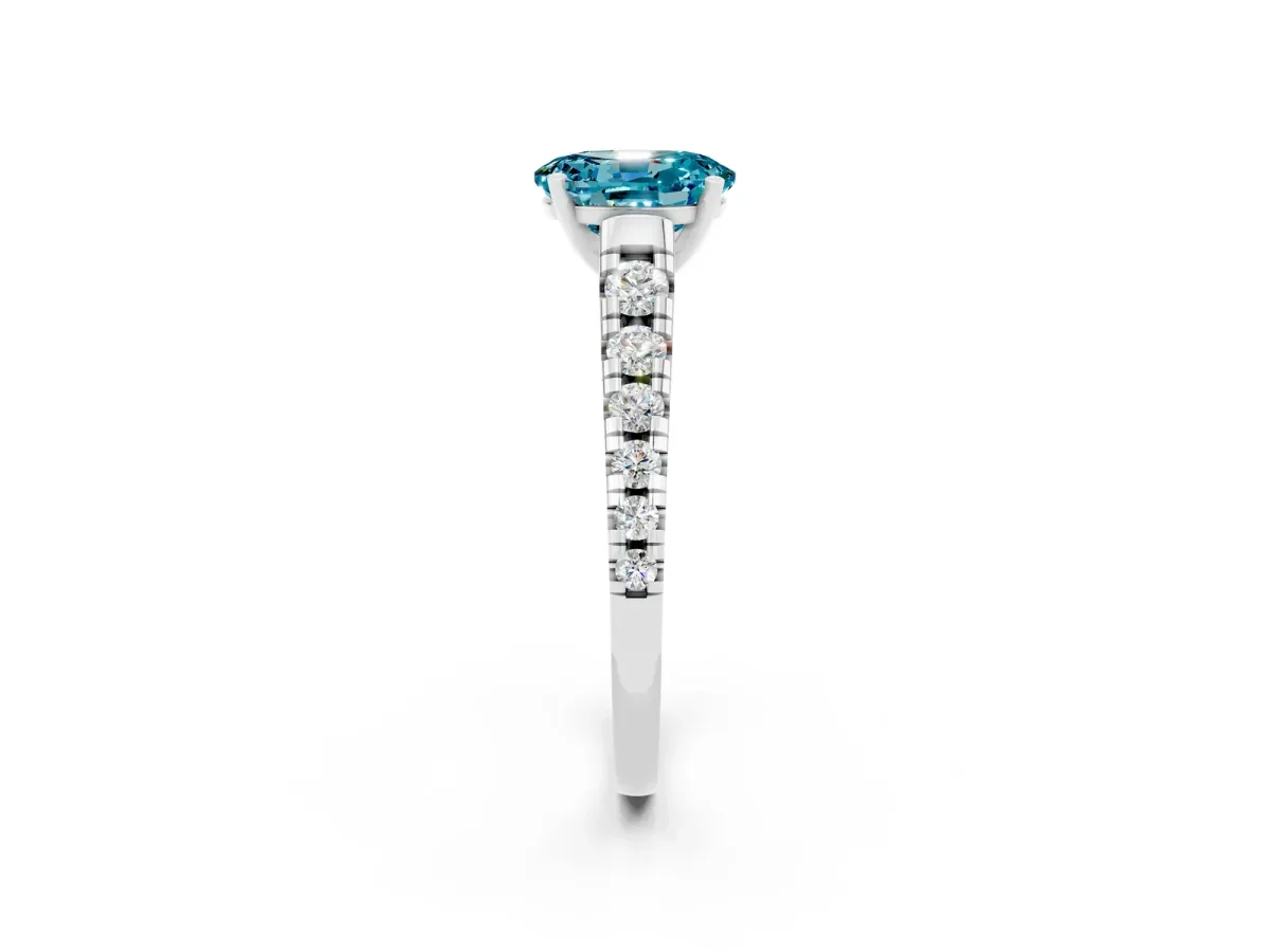 Oval Cut Blue Topaz Cathedral Solitaire Ring with Round Pavé Band Silver