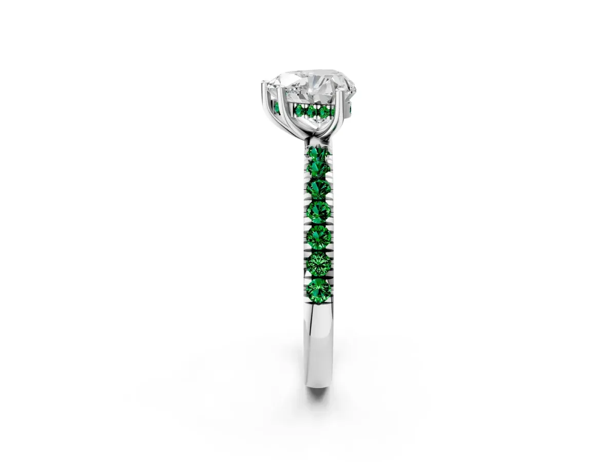 Heart Cut Diamond Pave Band Solitaire Ring with Round Emerald and Prong Setting Platinum