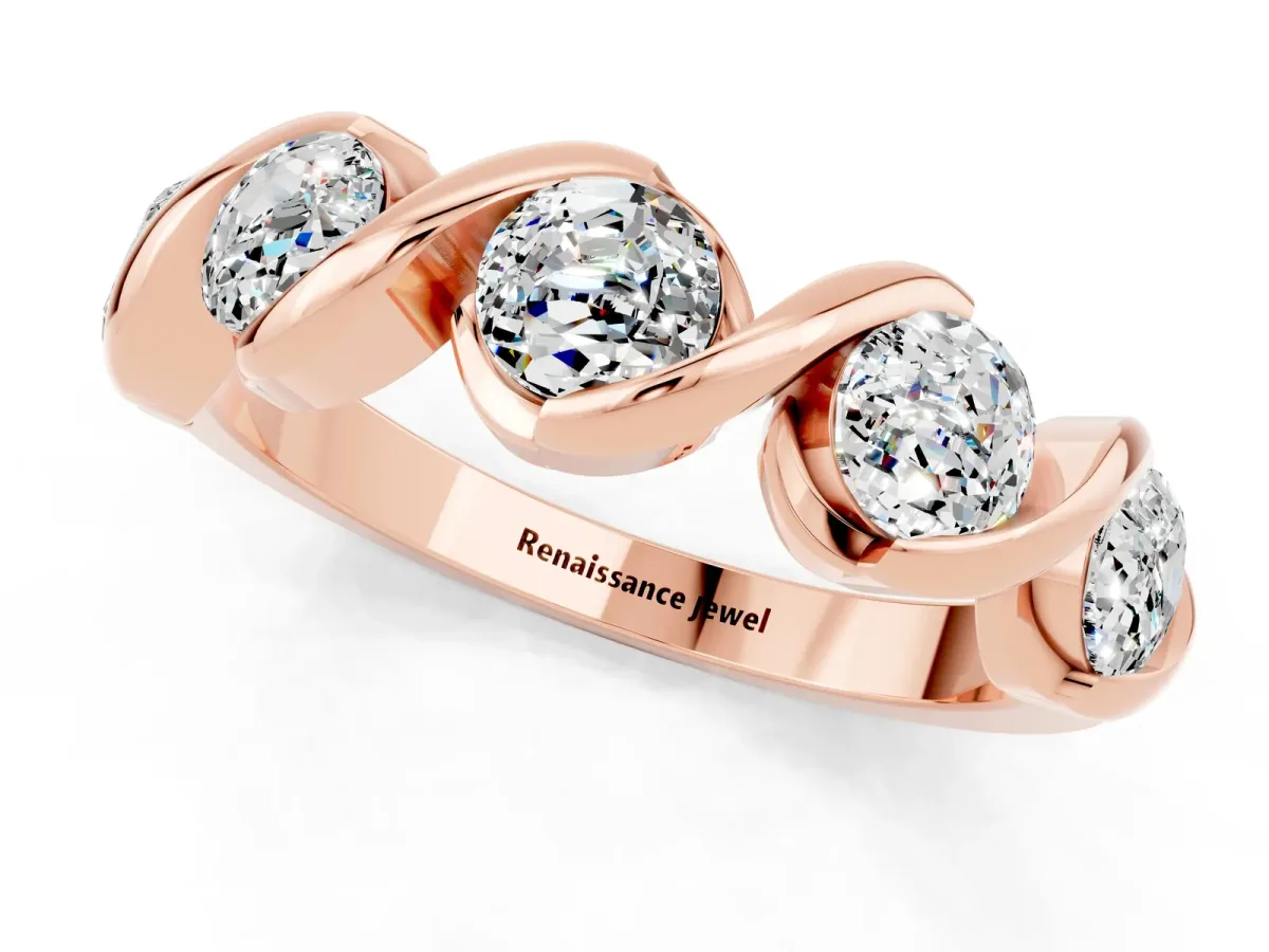 Round Moissanite Wave Band with Channel Setting and Shared Prongs Rose gold