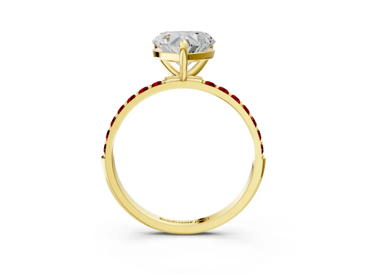 Heart Cut Diamond Solitaire Ring with Round Ruby Pavé Band and Prong Setting Yellow gold