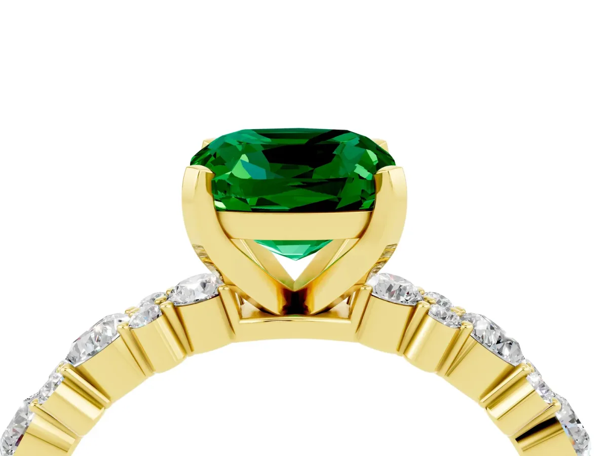 Cushion Cut Emerald Side Stone Solitaire Ring with Round and Four-Prong Setting Yellow gold