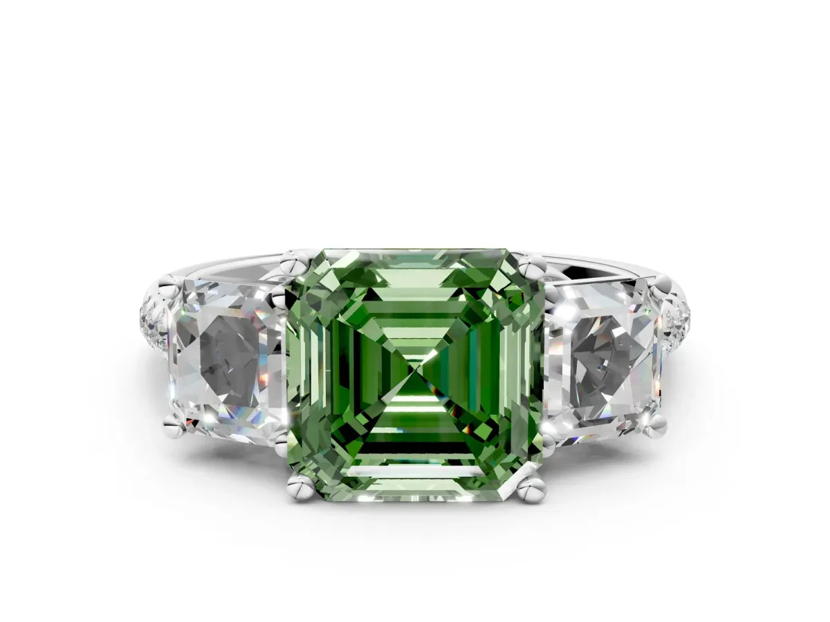 Fancy Green Three-Stone Asscher Cut Diamond Ring with Round Pavé Band and Prong Setting Silver