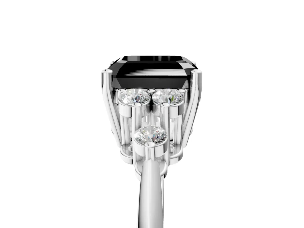 Fancy Black Asscher Cut Cut Diamond Cluster Ring with Solitaire Band and Four-Prong Setting Platinum