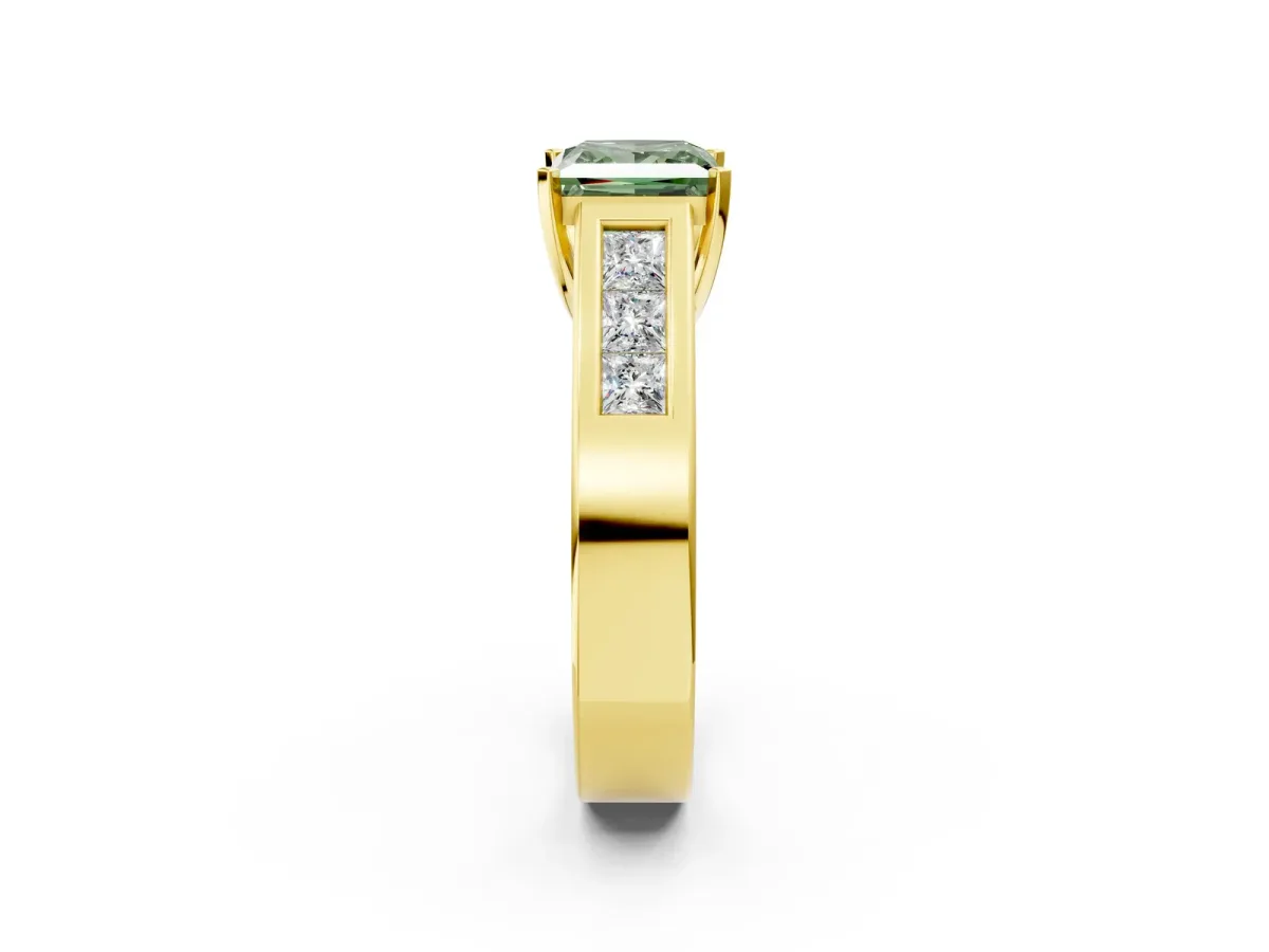 Fancy Green Princess Cut Cut Channel Set Solitaire Ring with Four-Prong Setting Yellow gold