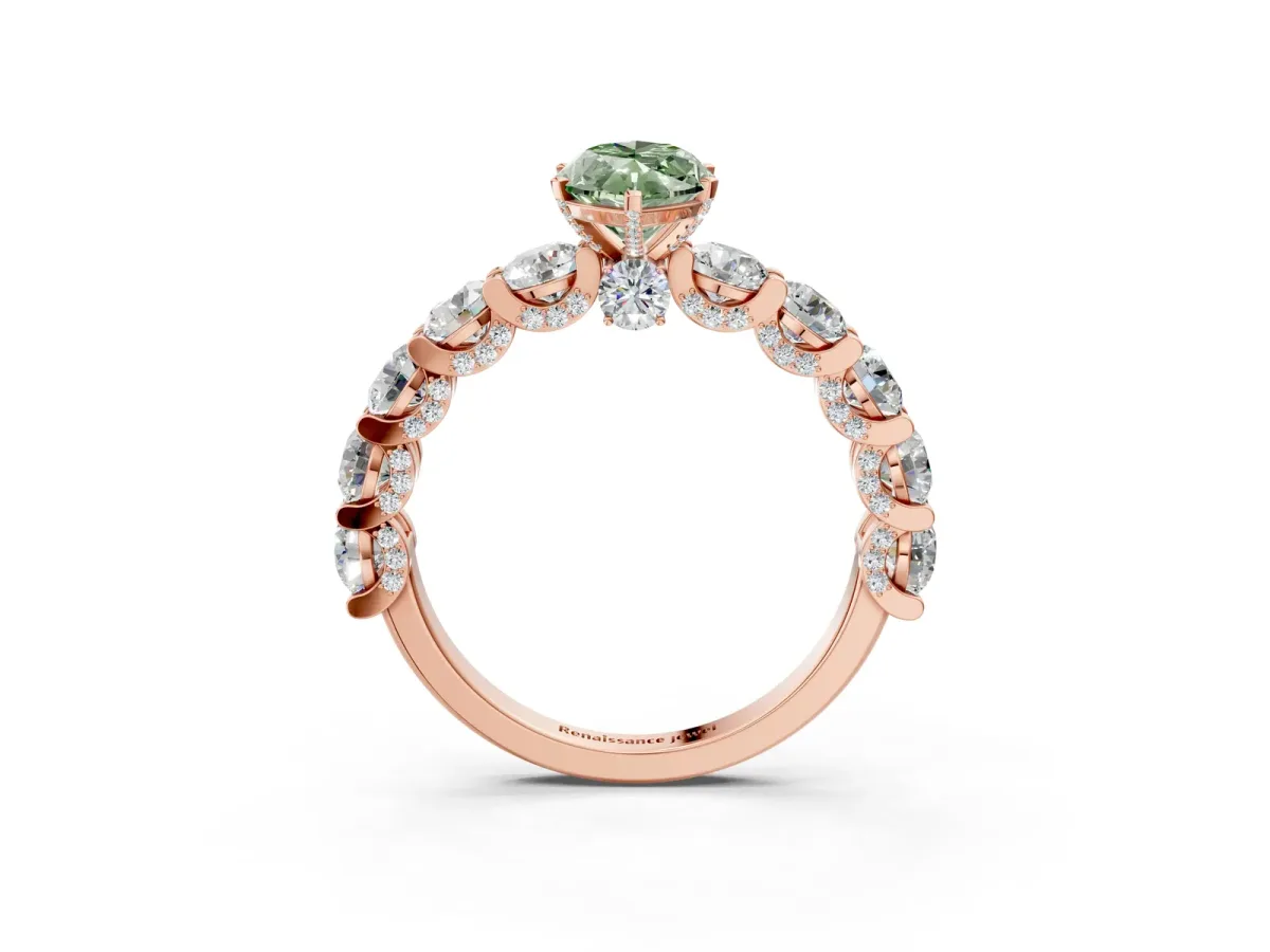 Fancy Green Marquise Cut Diamond Side Stone Engagement Ring with Four-Prong Setting Rose gold