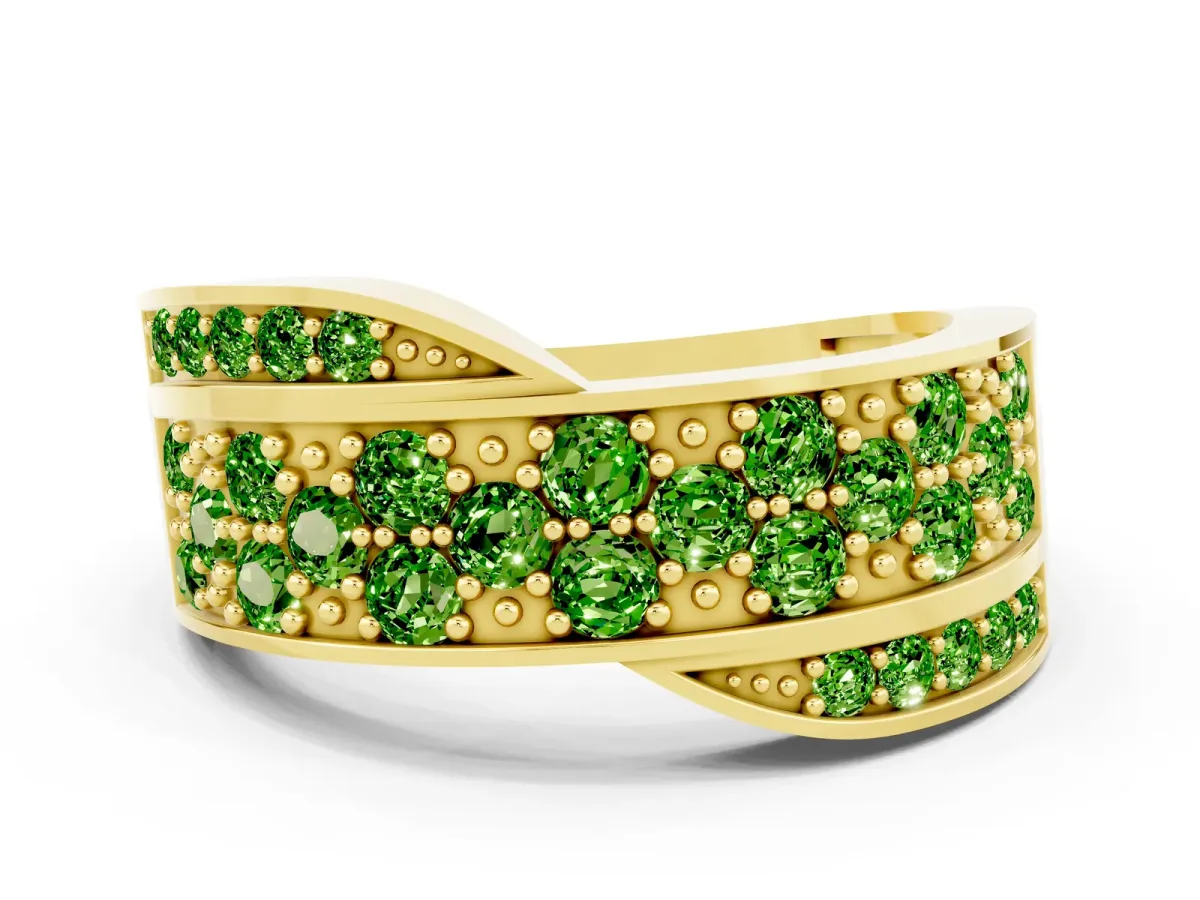 Pavé Round Peridot Crossover Band with Bead Prong Setting Yellow gold