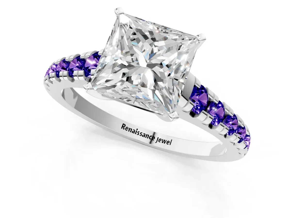 Princess Cut Diamond Cathedral Solitaire Ring with Round Tanzanite Pavé Band Silver