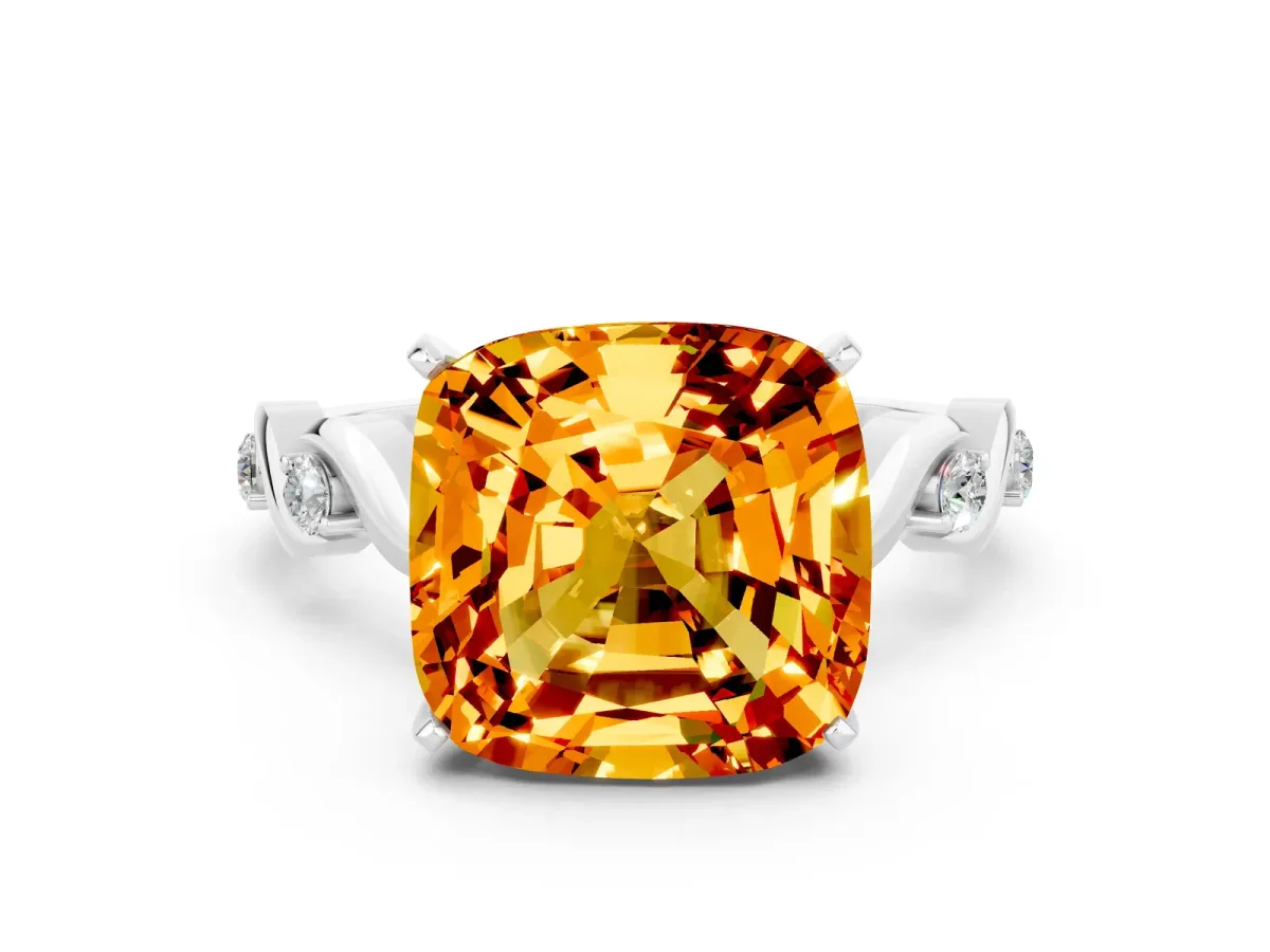 Cushion Cut Citrine Solitaire Twisted Band with Round Accents and Prong Setting Silver