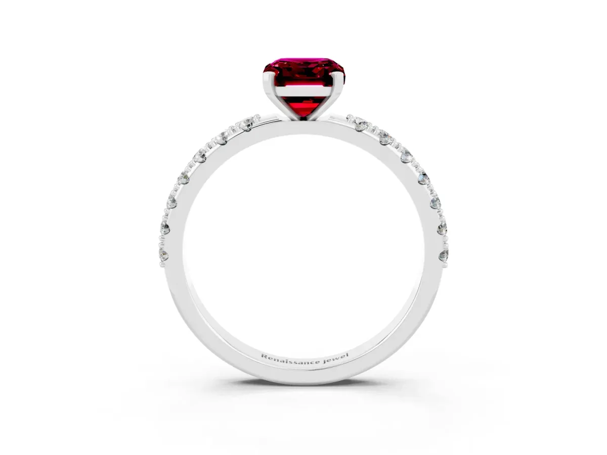 Emerald Cut Garnet Solitaire Pavé Band with Four-Prong Setting White gold