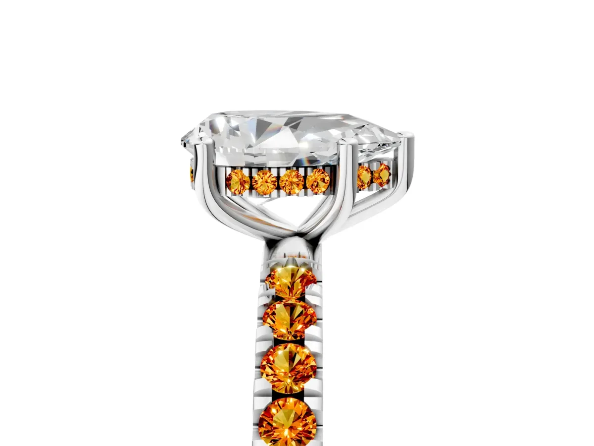 Pear Cut Diamond Pave Band Solitaire Ring with Round Citrine and Prong Setting White gold