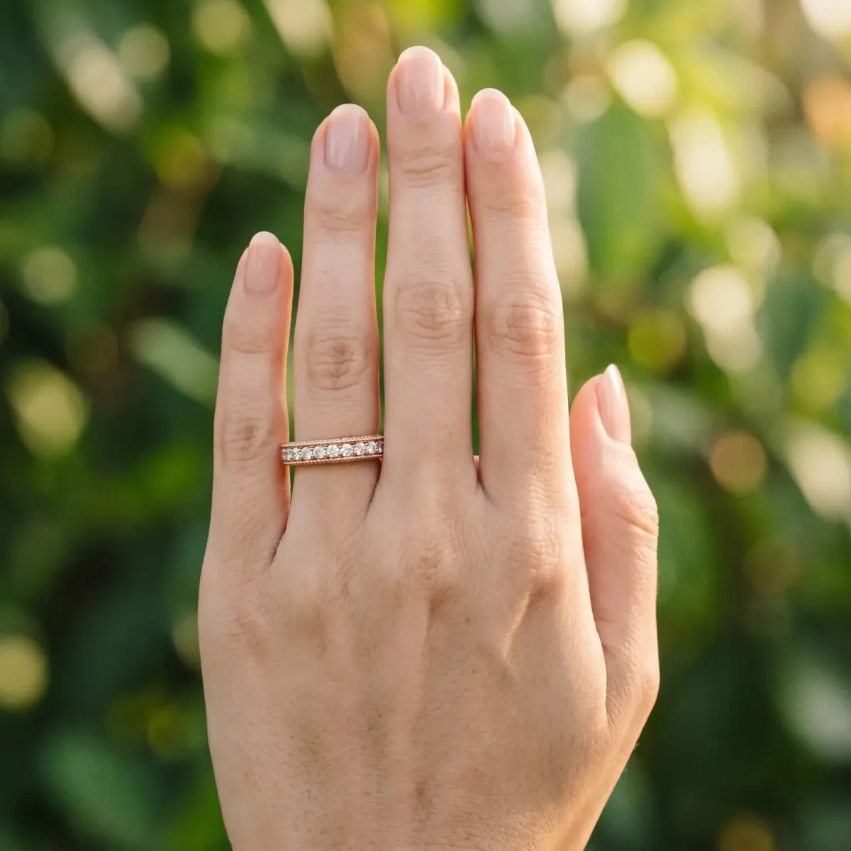 Channel Set Round Diamond Milgrain Edge Eternity Band Rose gold