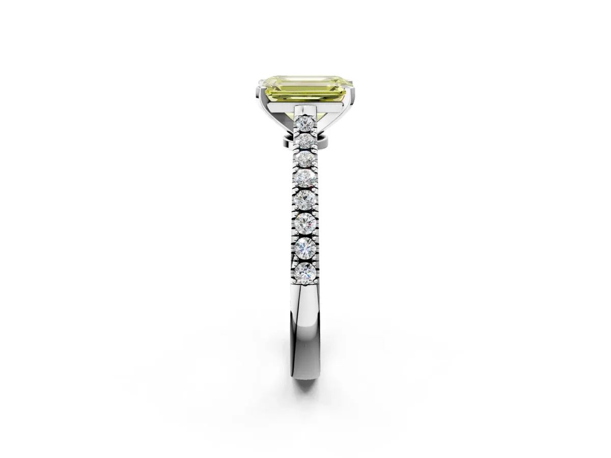 Fancy Yellow Emerald Cut Cut Solitaire Diamond Engagement Ring with Pave Band and Four-Prong Setting Silver