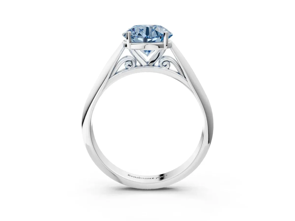 Fancy Blue Round Cut Diamond Solitaire Engagement Ring with Cathedral Setting and Four-Prong Mount White gold